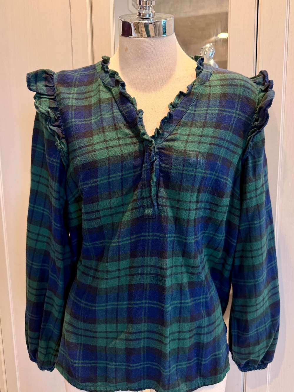 Lands' End Green & Navy Plaid Ruffle-Trim Long Sleeve Pullover